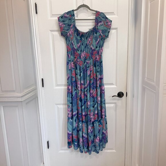 City Chic Aqua Blue Floral Maxi Dress with Smocked Bodice Plus Size 18 - Picture 6 of 15